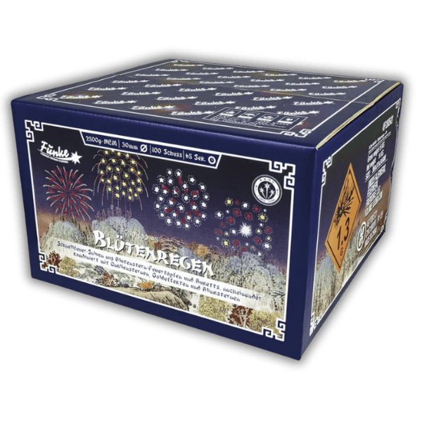 Funke Blütenregen – 100-Schuss-Verbundfeuerwerk im Kaliber 30 mm mit Blütensternen, Dahlien, Goldeffekten und Blinkern