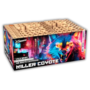 Lesli Killer Coyote – 108-Schuss-Verbundfeuerwerk im Kaliber 30 mm mit blauen, roten und goldenen Effekten in Fächerabschüssen