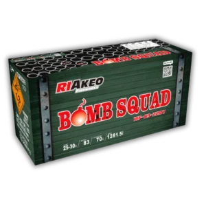 Verbundfeuerwerk Riakeo Bomb Squad 83 Schuss 25–30mm mit kräftigen Zerlegern, bunten Effekten und imposanten Buketts