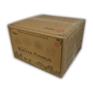 Funke Electric Funeral 100 Schuss F3-Verbund (2,65 kg NEM) mit Titan-Blinkweiden in 3 Farben, blauen Sternen und 60 Meter Effekthöhe.