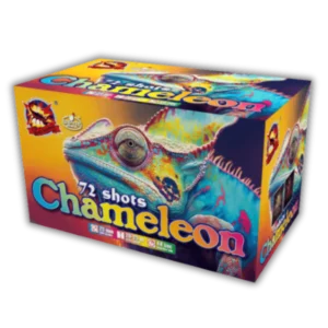 SR Pyro Chameleon 72 Schuss Verbundfeuerwerk (972 g NEM) mit lang stehendem Gold, farblichen Effekten, I-Shape und gefächerten Salven.