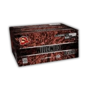 SR Pyro Willow Box 104 Schuss Verbundfeuerwerk (2 kg NEM) mit 30 mm Kaliber und gigantischen Gold-Brokatweiden-Effekten.