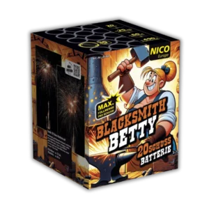 Nico Blacksmith Betty 20 Schuss F2-Batterie (30 mm Kaliber, 490g NEM) mit Gold-Kronen, bunten Blinksternen und 50 Meter Effekthöhe.