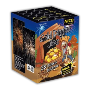 Nico Gold Digger Joe 25 Schuss F2-Batterie (30 mm Kaliber, 375g NEM) mit Gold-Brokat-Kronen, weißen Blinkern und 45 Meter Effekthöhe.