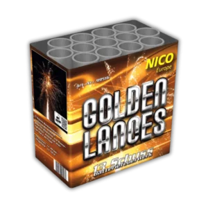 Nico Golden Lances 13 Schuss F2-Batterie (30 mm Kaliber, 226g NEM) mit Blinksternen, Wasserfall-Effekten und 40 Meter Effekthöhe.
