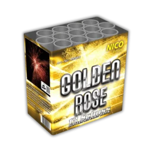 Nico Golden Rose 13 Schuss F2-Batterie (30 mm Kaliber) mit Titan-Goldweiden, roten/rosafarbenen Sternen und 45 Meter Effekthöhe.