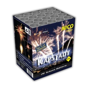 Nico Kapstadt 20 Schuss F2-Batterie (24 mm Kaliber, 400g NEM) mit Gold-Weiden, Rot/Grün/Blau-Sternen und 40 Meter Effekthöhe.