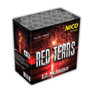 Nico Red Tears 13 Schuss F2-Batterie (30 mm Kaliber) mit Rotblinker, Titan-Goldweiden, roten Blinksternen und 45 Meter Effekthöhe.