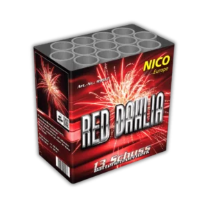 Nico Red Dahlia 13 Schuss F2-Batterie (30 mm Kaliber) mit Rot-Dahlien, Gold/Glitter-Effekten und 50 Meter Effekthöhe.