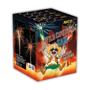 Nico Wild Cowboy Sam 20 Schuss F2-Batterie (30 mm Kaliber) mit Blinkern, Gold-Crackling-Buketts und 50 Meter Effekthöhe.